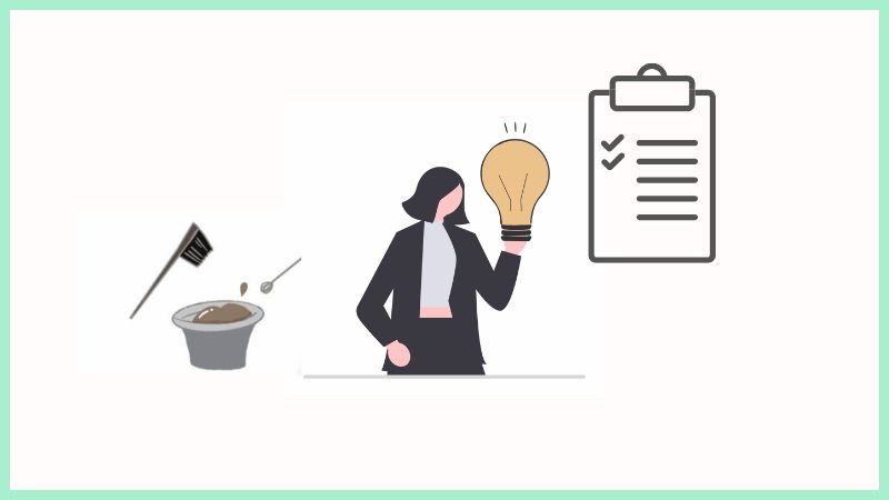 50代のセルフhenna(ヘナ)二度染めで失敗しないためのポイントをまとめた画像。電球を持つ女性と、ハケ、ボウル、チェックリストのイラスト。1回約520円で納得の仕上がりに。