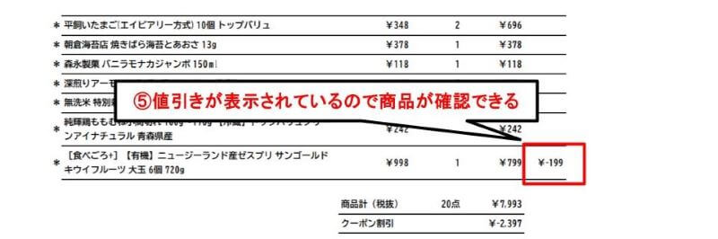 領収書のPDFで値引き商品が確認できる