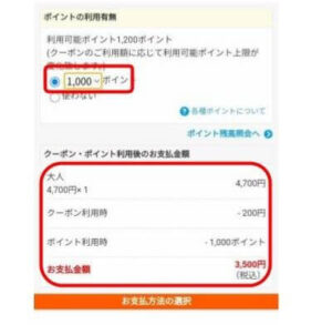 じゃらんで予約、ポイント利用有無とクーポン・ポイント利用後の支払金額確認画面