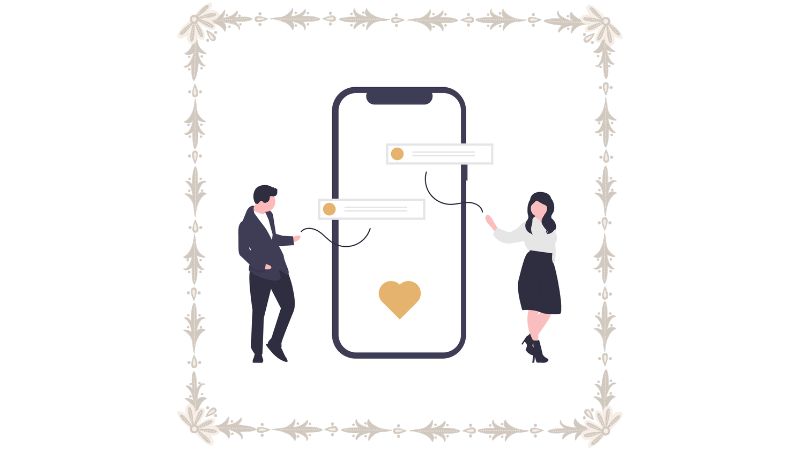 スマートフォンを挟んで立つ男女のイラスト