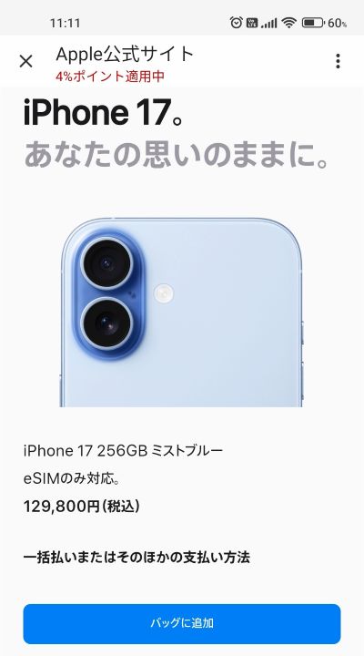 選択したモデルを確認し「バッグに追加」ボタンを押す直前の画面。