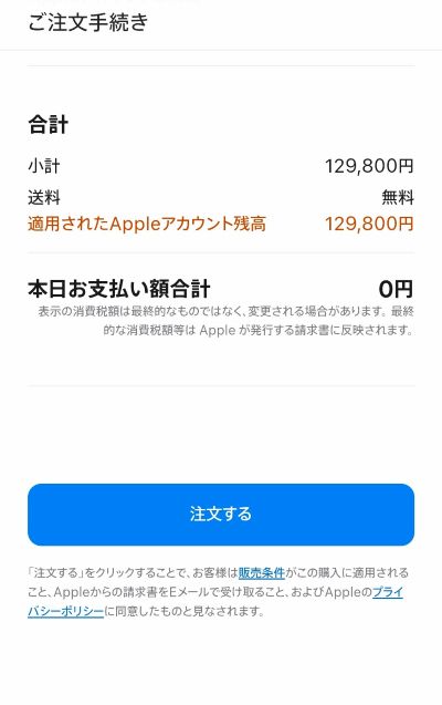残高が適用され、支払額が0円になった画面