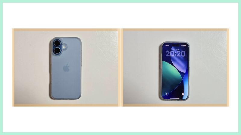 ついに手元に届いた新しいiPhone。光沢のある本体の表面と背面が並んでいる様子。50代で初めて手にした自分へのご褒美。