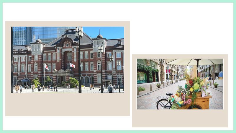 東京駅丸の内側の赤レンガ駅舎と、洗練された高層ビルが立ち並ぶ丸の内エリアの風景。