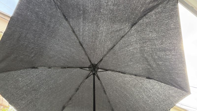 昨日の穏やかな晴天の下で広げた内側。部屋では真っ黒に見えた生地が、外では光の影響でグレーがかって見える様子。