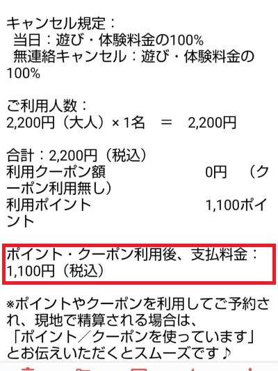 じゃらんで1100ポイントを利用してフュージョンベストランチを1100円で予約した支払詳細画面